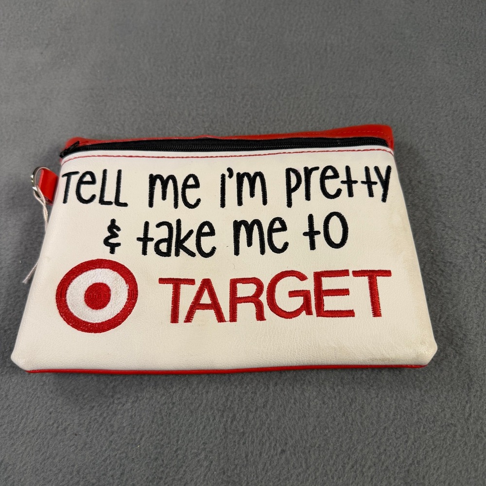 Target Embroidered Zipper Pouch Tell Me I'm Pretty Faux Leather Makeup Bag Red